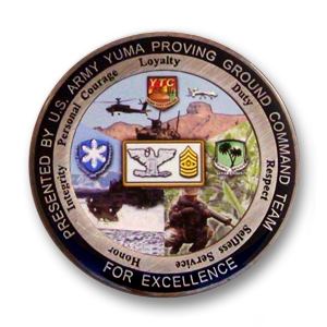 United States Army Yuma Proving Ground Challenge Coin - 2 inch, Antique Silver with photographic printing and epoxy