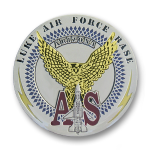 Luke Air Force Base Challenge Coin - 1.56 inch, Shiny Silver with gold plating and epoxy