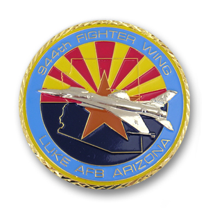 944th Fighter Wing Challenge Coin - 2 inch, Shiny Gold with silver plating and a Weave diamond cut edge
